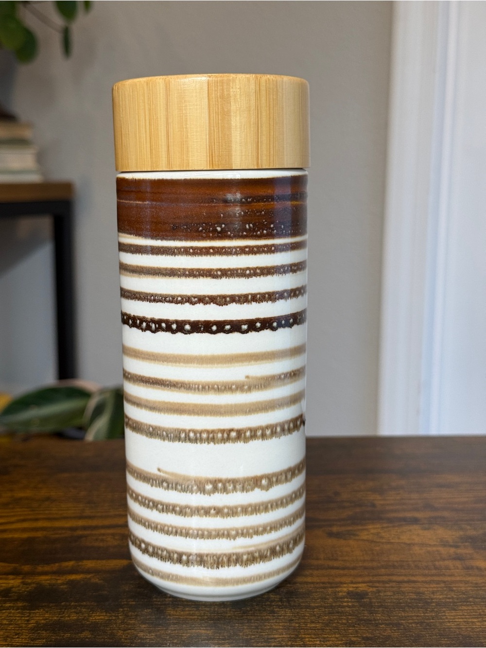 Beachcombers Coastal Life Ceramic Travel Tumbler Bamboo Lid Brown Stripe Boho